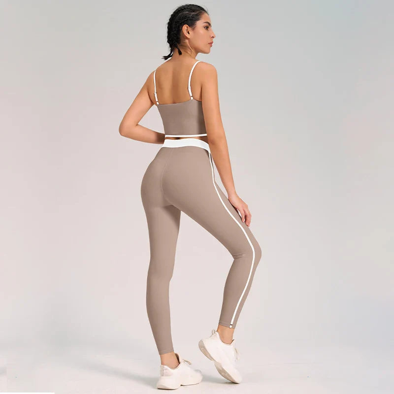 Women 2pcs Patchwork Sport Yoga Suit - beige