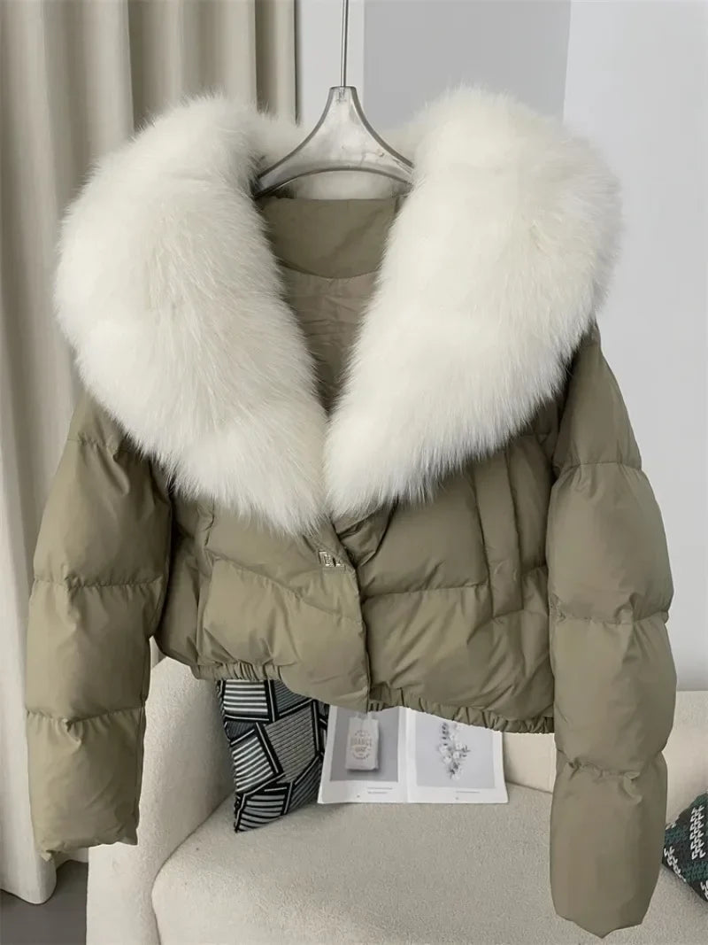 Real Fox Fur Coat - Women's Winter Coat - tan with white