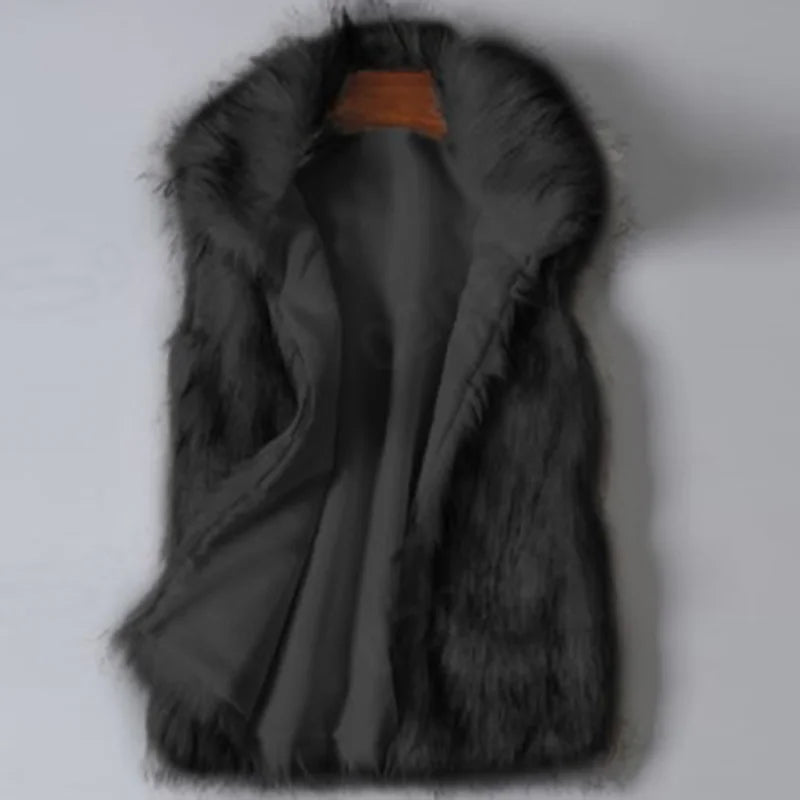 Faux Fur Sleeveless Waistcoat - black - open coat