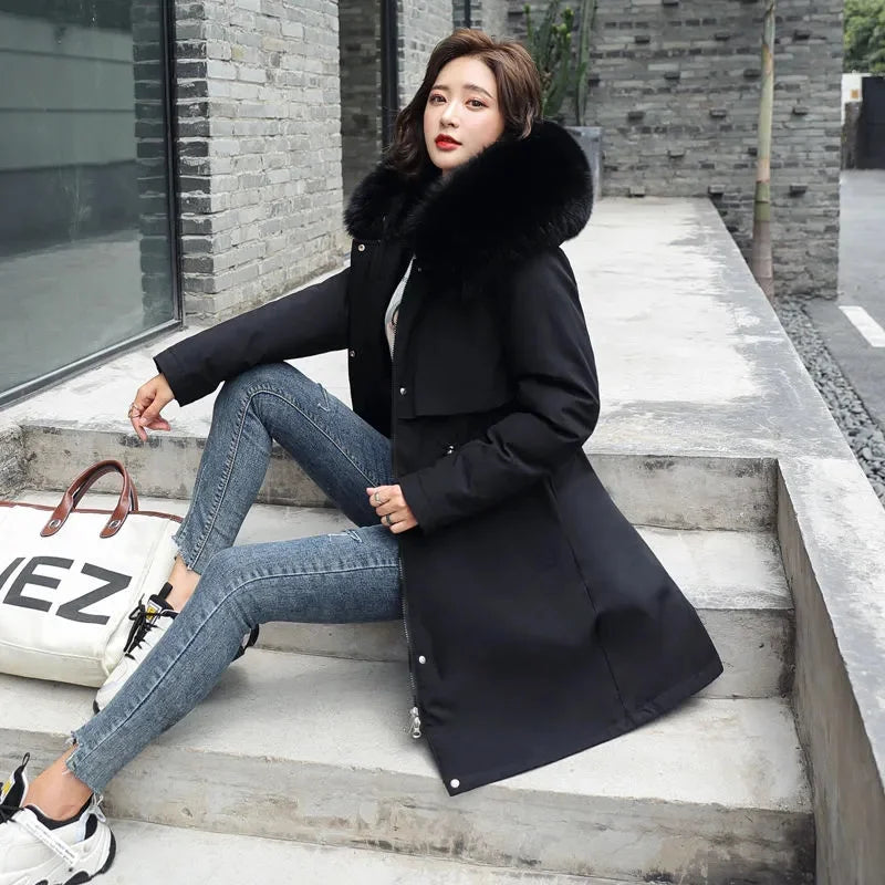 Winter Jacket Parka Wool Liner Fur Collar - black