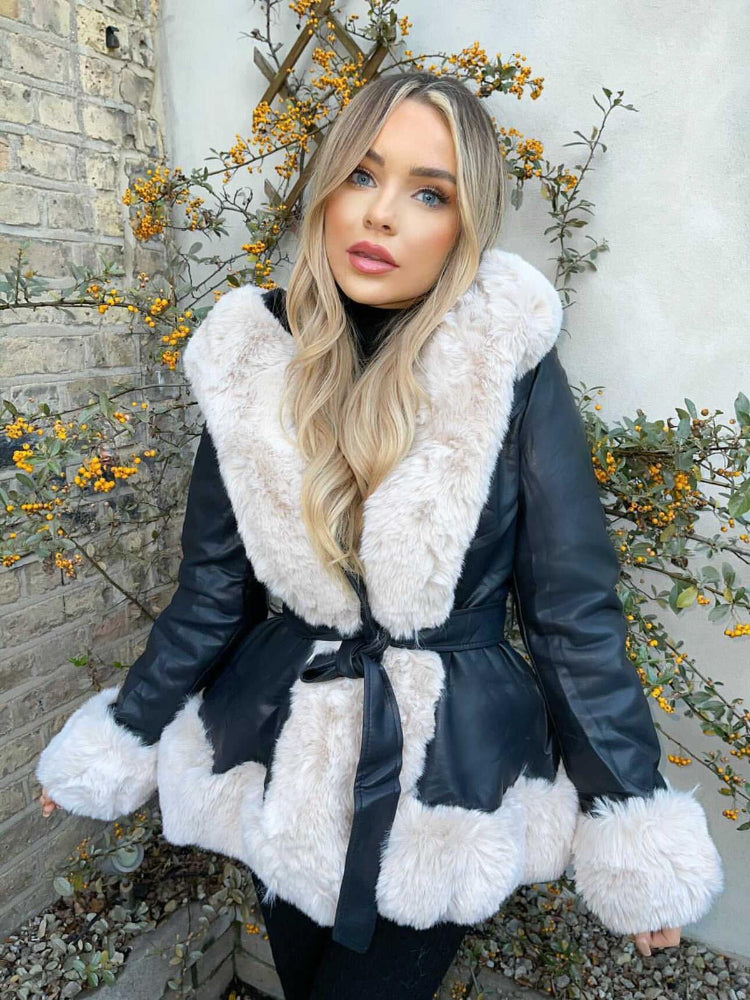 Faux Fur Hooded Coat - white and green (hood down)