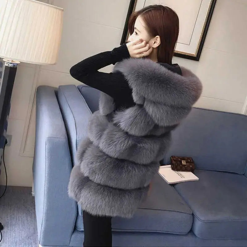 Quality Fur Vest Coat - dark grey - back view