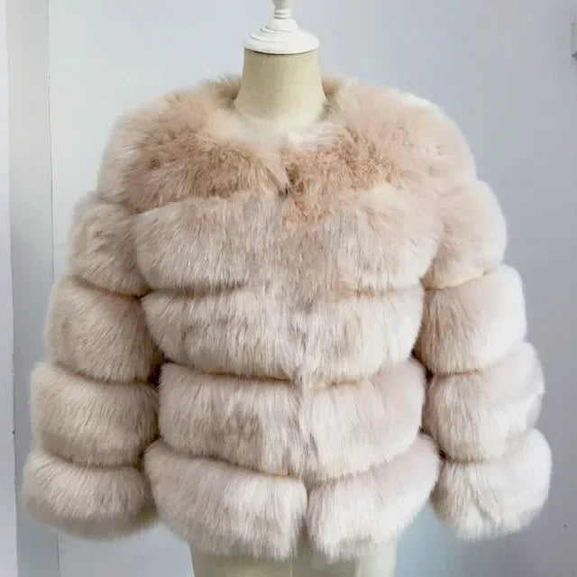 Faux Fox Fur European Style Leather Coat - creamy pink