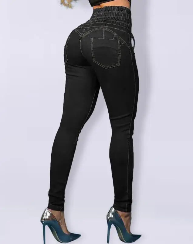 Casual High Waist Skinny Jeans - black - back pose