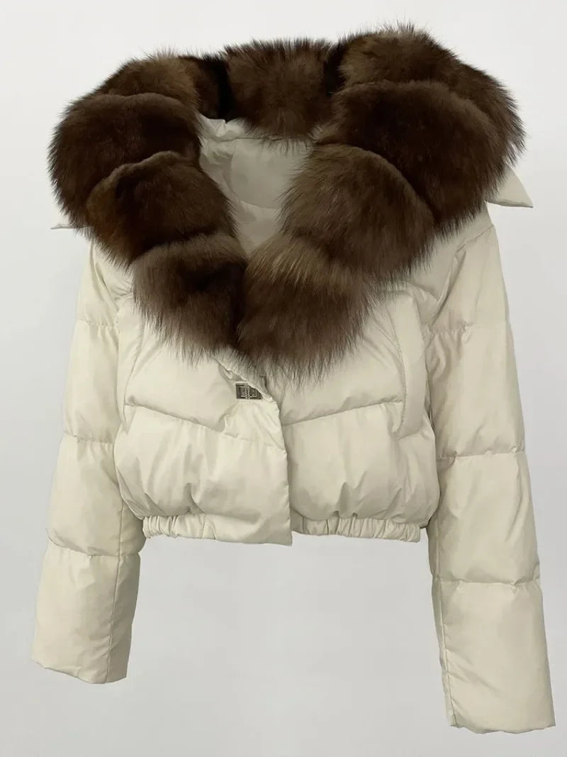 Real Fox Fur Coat - Women's Winter Coat  - white with brown