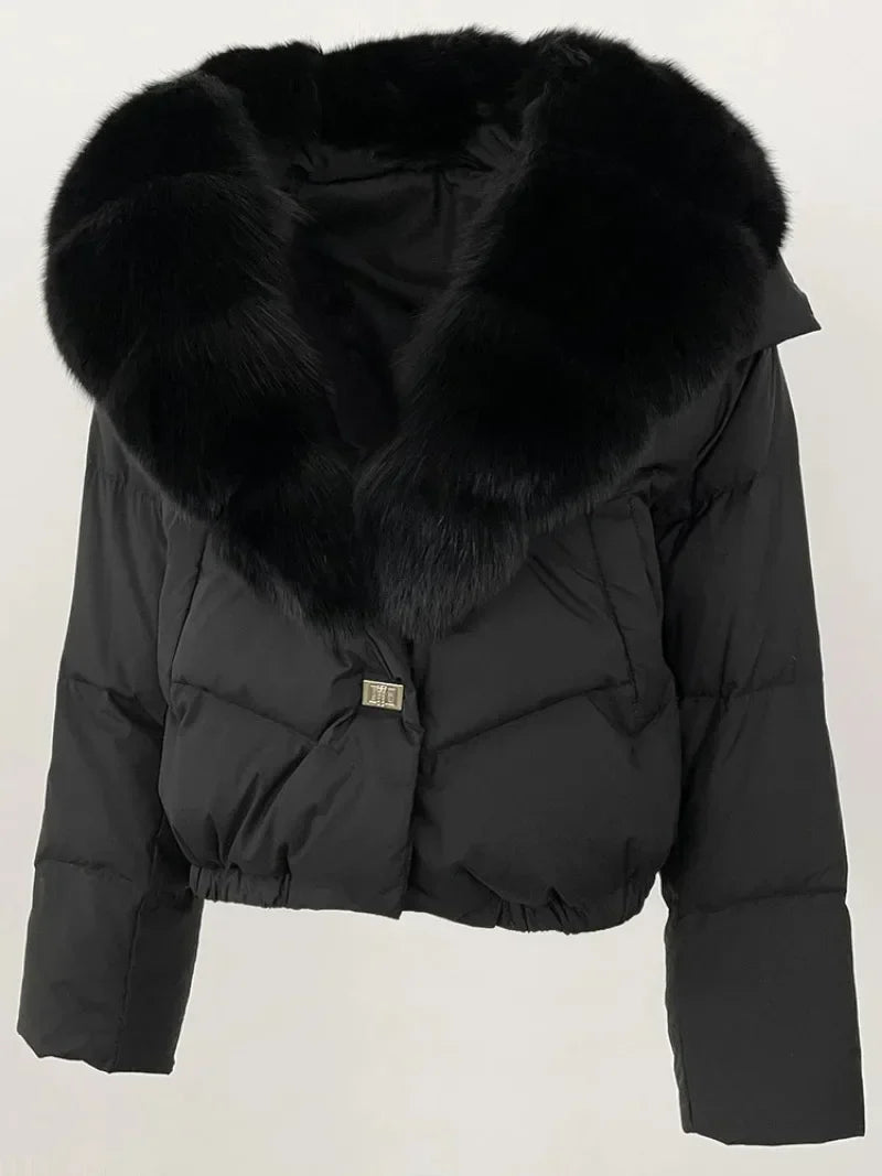 Real Fox Fur Coat - Women's Winter Coat - dark grey with black