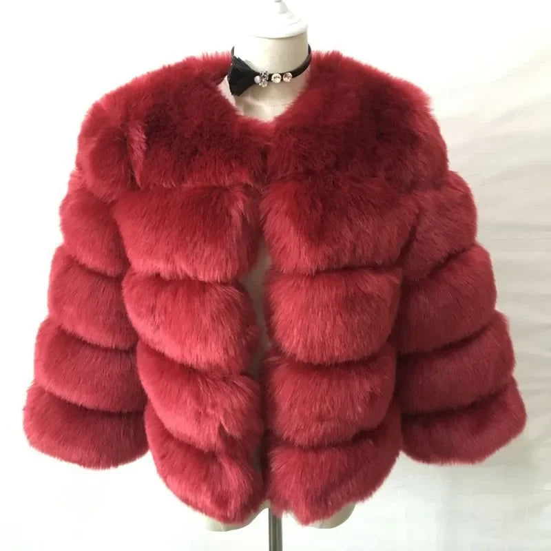 Faux Fox Fur European Style Leather Coat - dark red