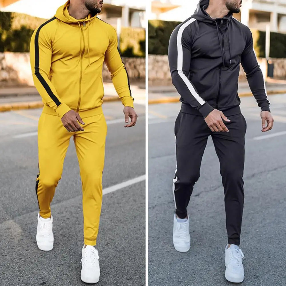 2 Pieces Set Sweatshirt + Sweatpants Sportswear Zipper Hoodies - Black and yellow