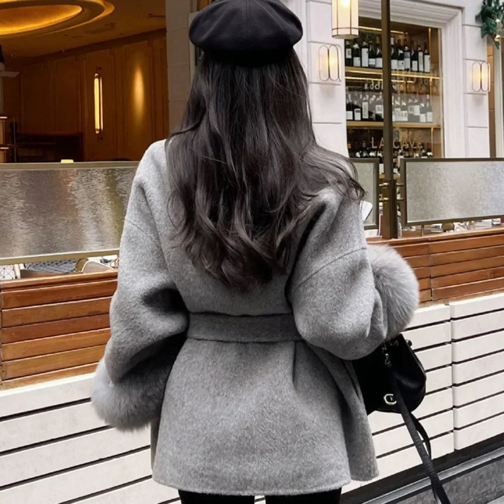 High End Double-sided Real Wool Fur Coat - Removable Cuffs - light grey (back view)