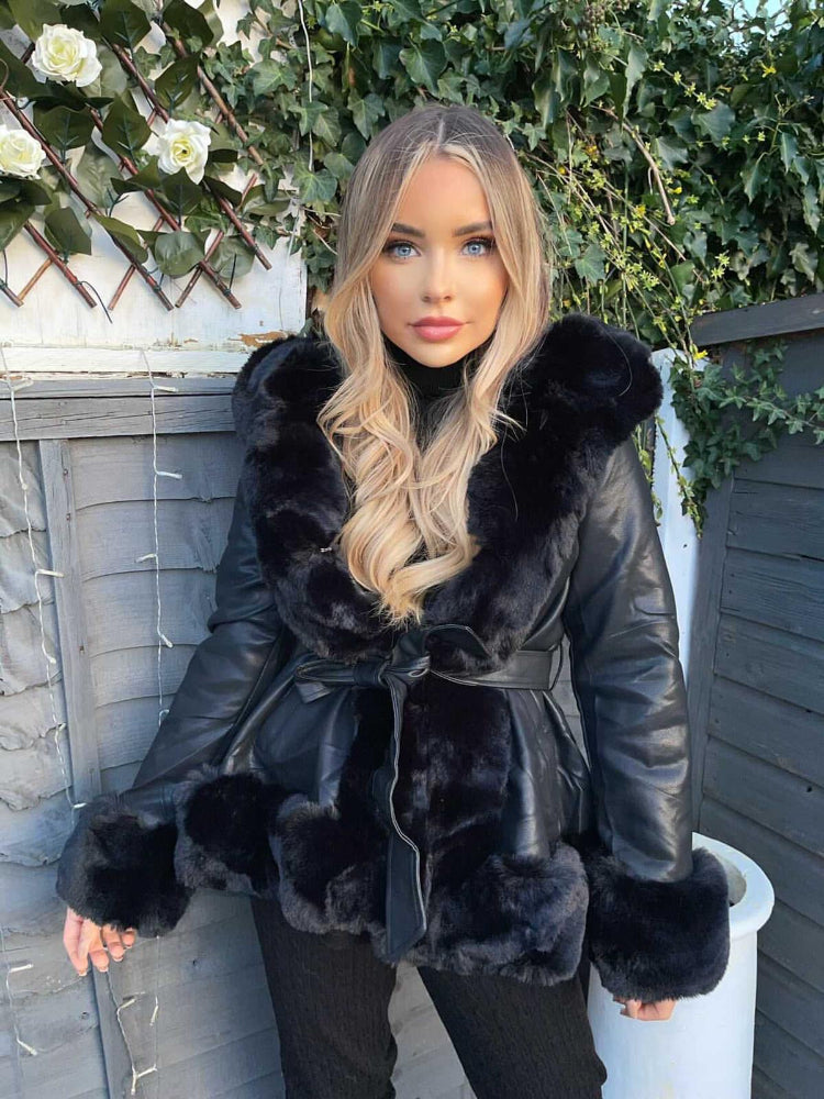 Faux Fur Hooded Coat - black on black (hood down)