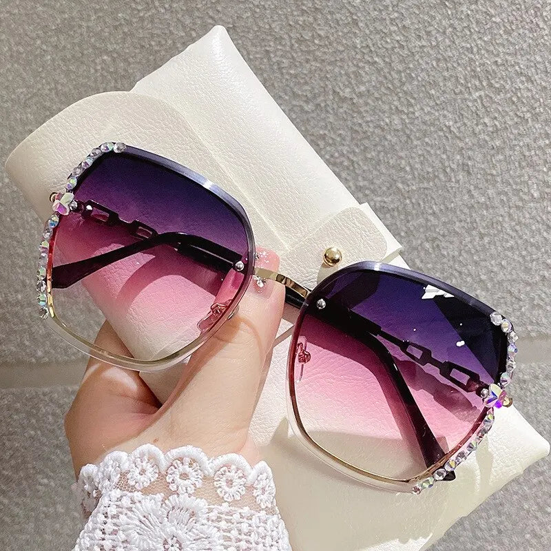 Rhinestone Decor Rimless Fashion Sunglasses UV400