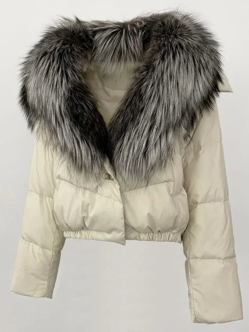 Real Fox Fur Coat - Women's Winter Coat - white with gray/black