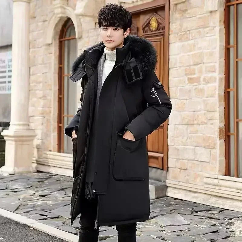 Winter Thickened Warm Cold-proof knee length Jacket - Fur hooded - Black