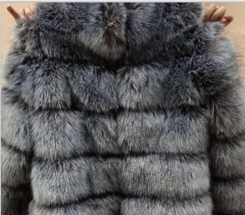 Faux Fox Fur European Style Leather Coat - dark grey