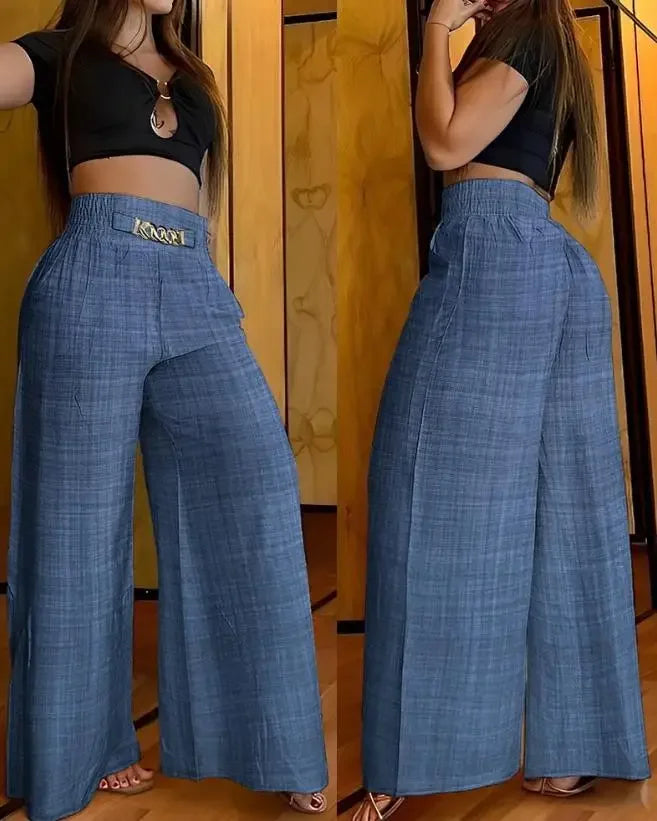 Women's High Waist Wide Leg Pants - dark grey/blue