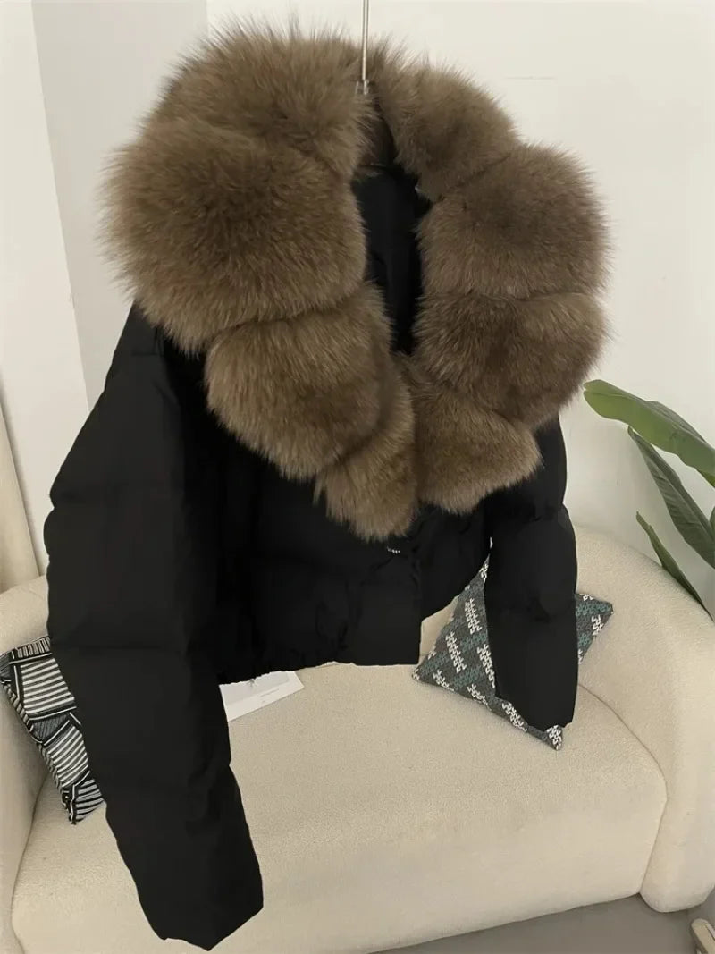 Real Fox Fur Coat - Women's Winter Coat - tan with black