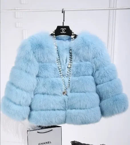 Faux Fox Fur European Style Leather Coat - light blue