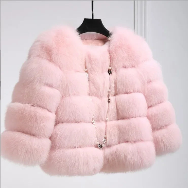 Faux Fox Fur European Style Leather Coat - light pink