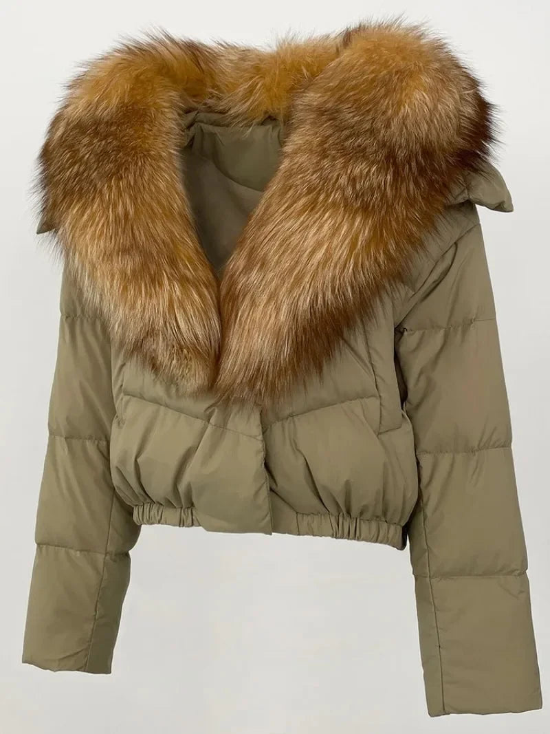 Real Fox Fur Coat - Women's Winter Coat - tan with brown/tan