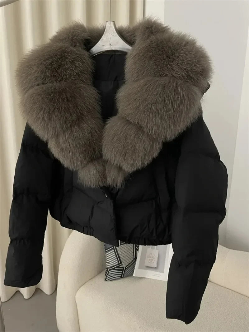 Real Fox Fur Coat - Women's Winter Coat - grey with brown