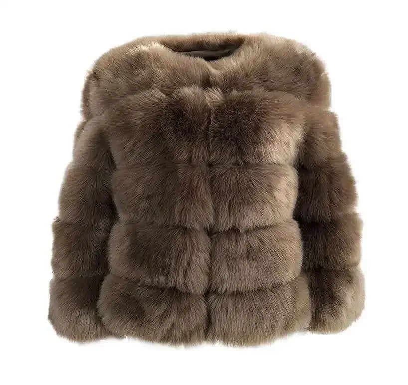 Faux Fox Fur European Style Leather Coat - warm brown