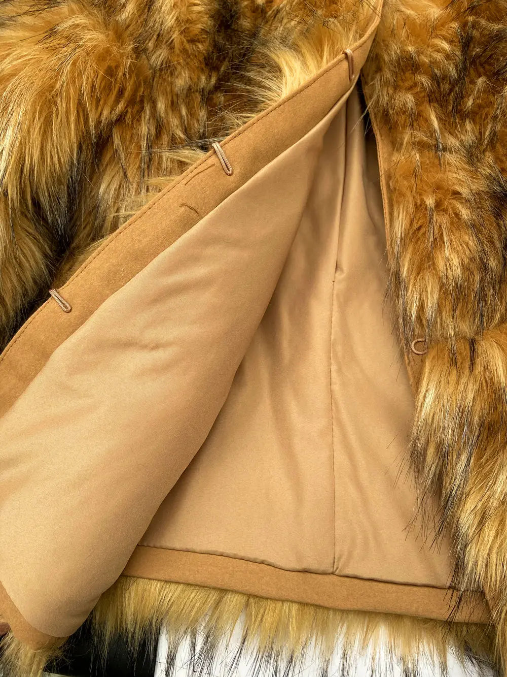 Faux Fur Coat Warm Thick Fox Raccoon Leather - close up front of jacket