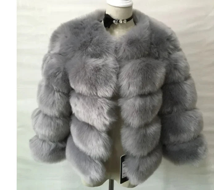 Faux Fox Fur European Style Leather Coat - light grey