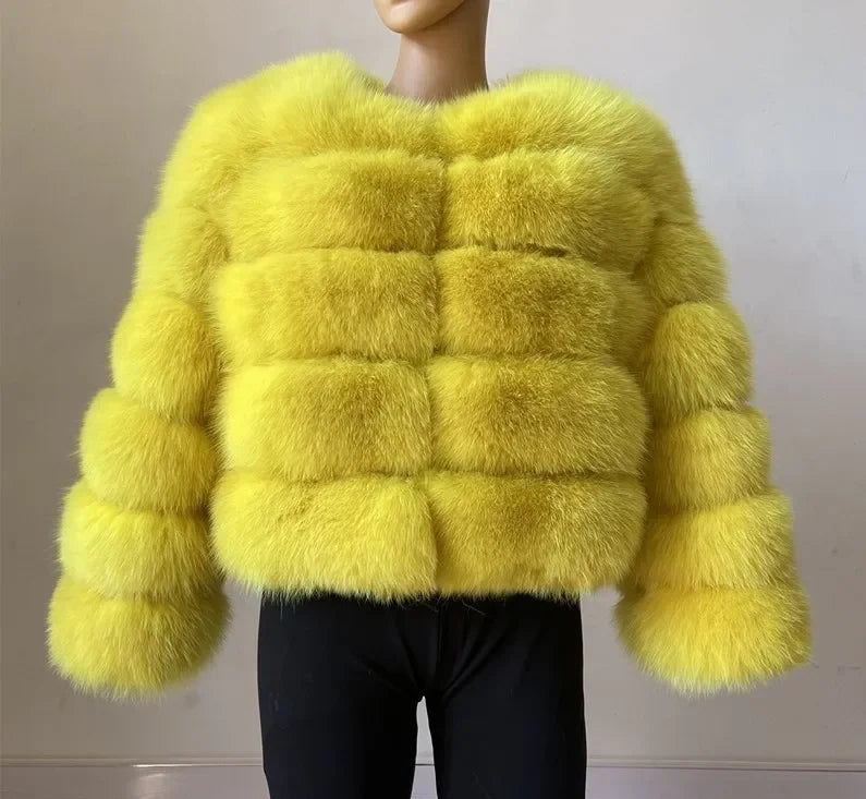 Faux Fox Fur European Style Leather Coat - yellow