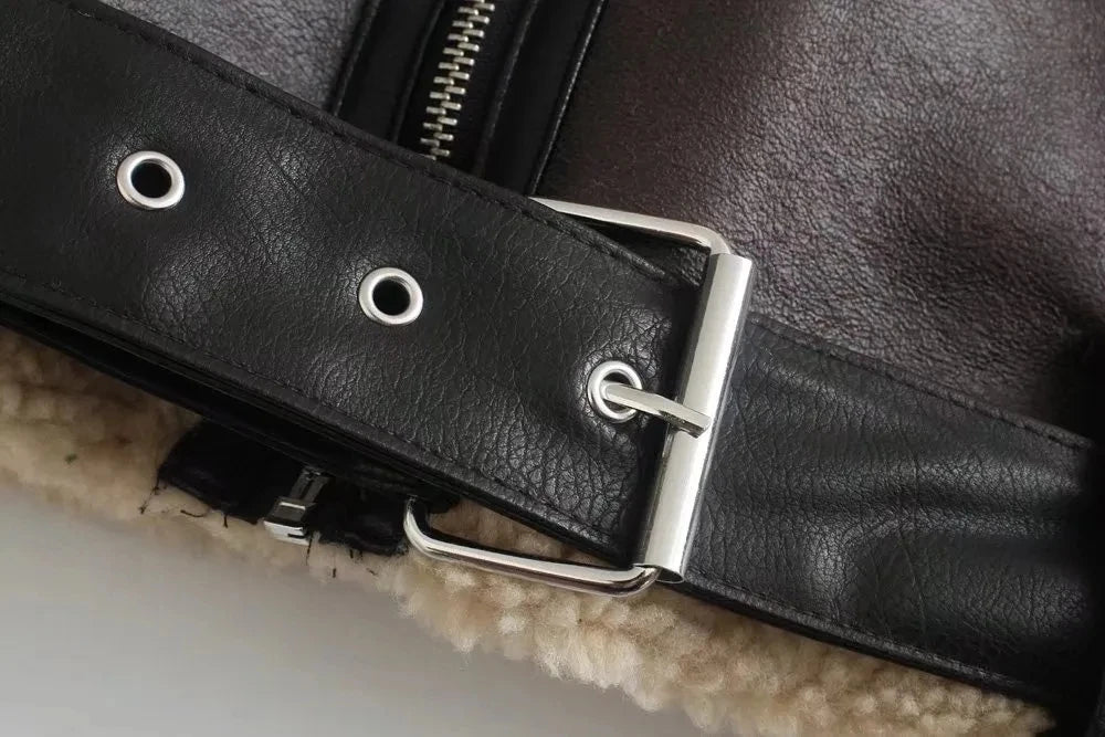 streetwear faux lamb leather jacket - close up belt