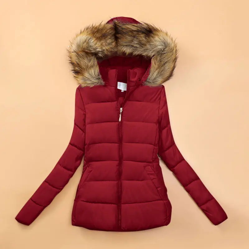 Fake Fur Hooded Short Cotton Parka - red with brown