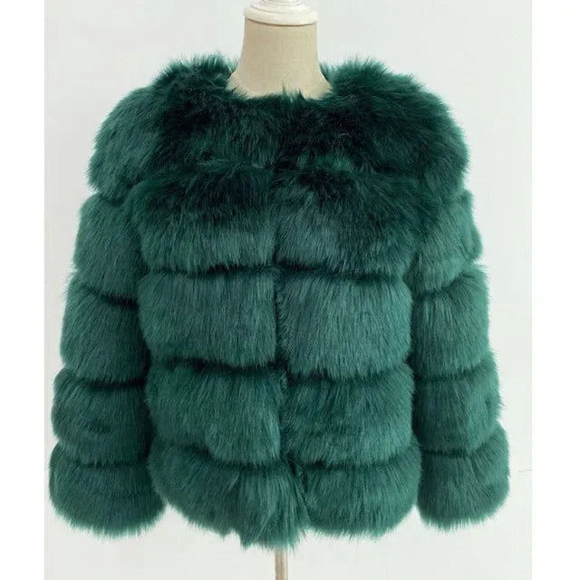 Faux Fox Fur European Style Leather Coat - green