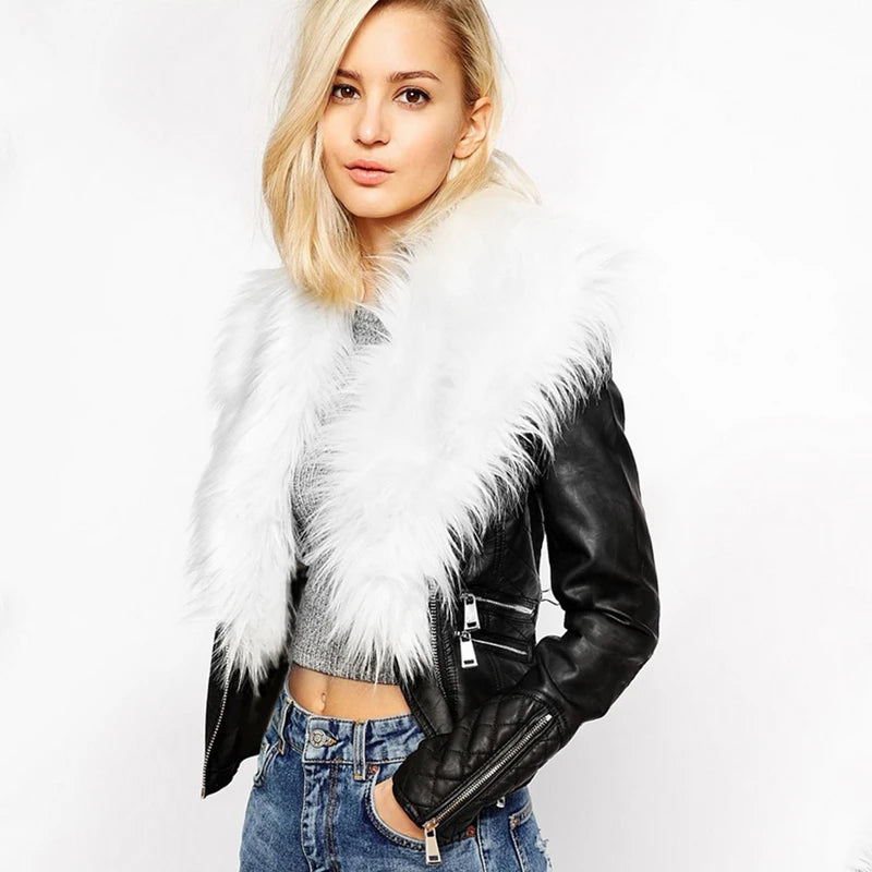 Leather Winter Jacket Women Artificial Fur Collar Coat