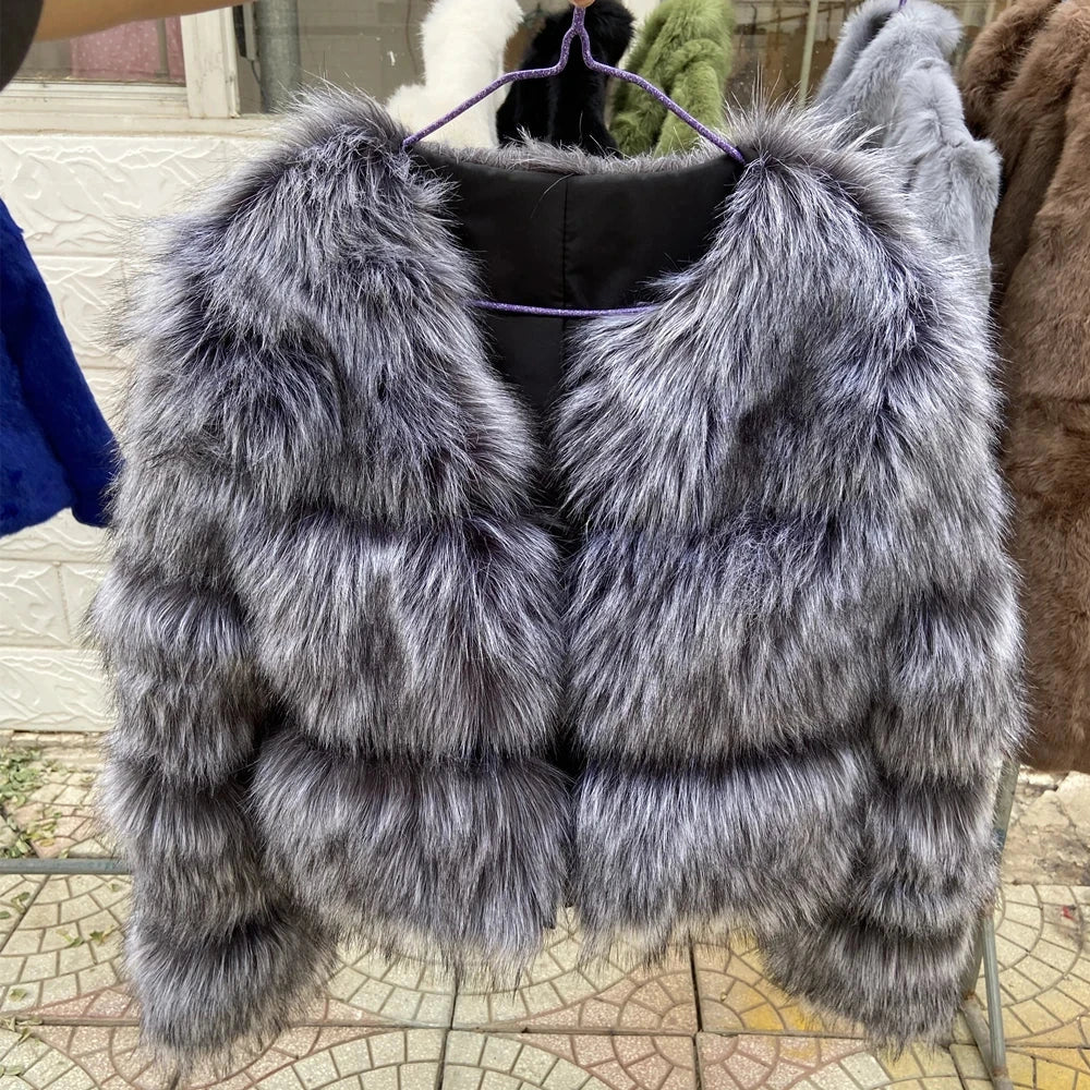 Faux Fur Coat Warm Thick Fox Raccoon Leather - purple grey - front view jacket on hanger 