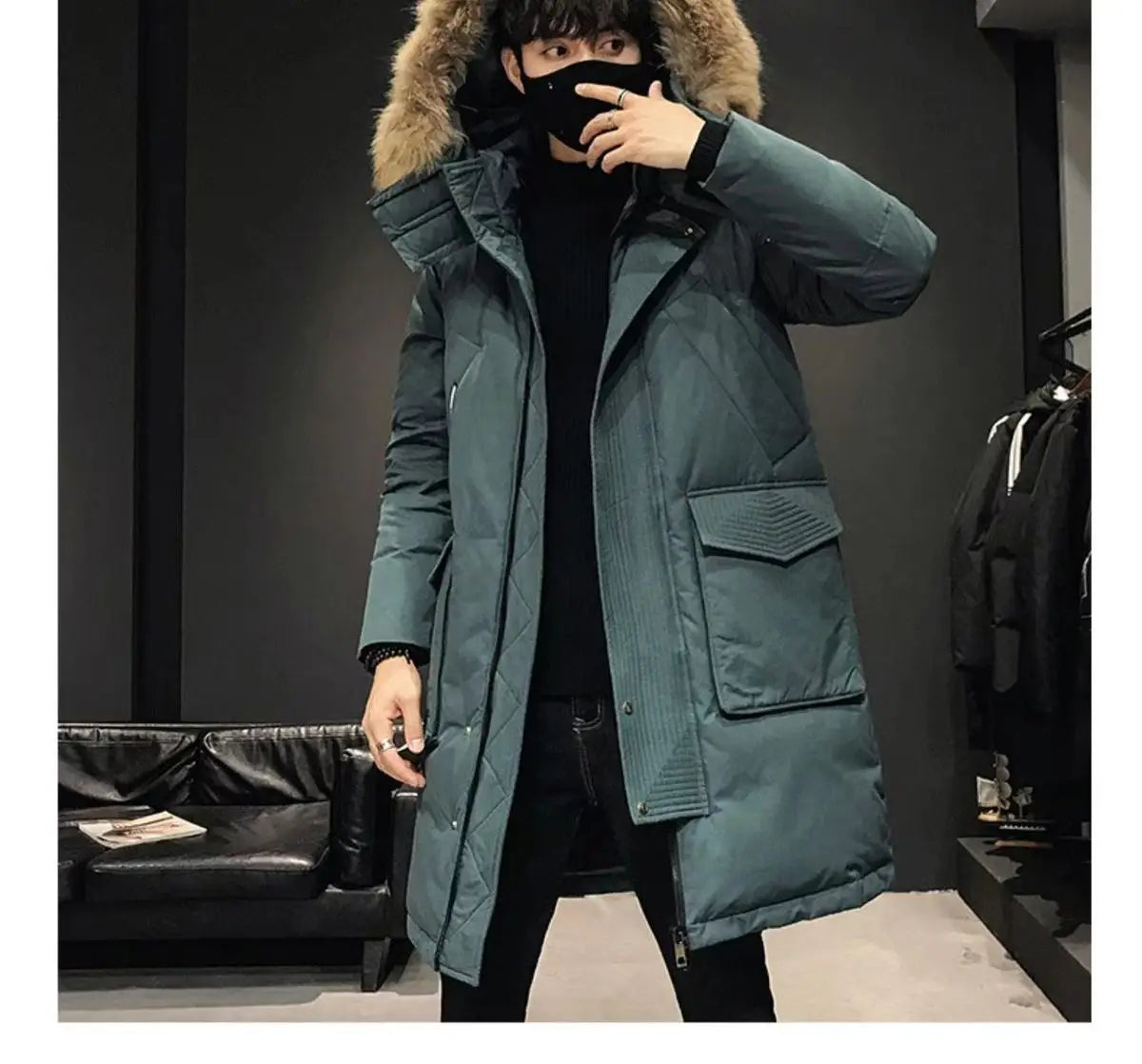 Winter Thickened Warm Cold-proof knee length Jacket - Fur hooded - Dark green