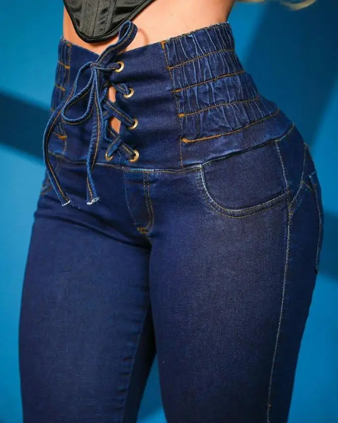 Casual High Waist Skinny Jeans - dark blue