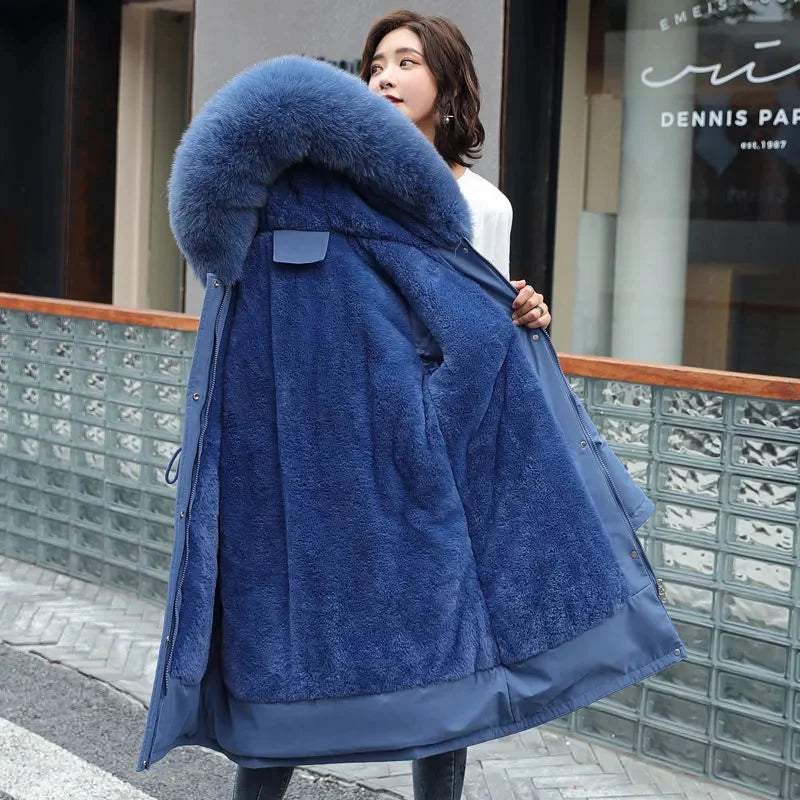 Winter Jacket Parka Wool Liner Fur Collar - dark blue (inside view)