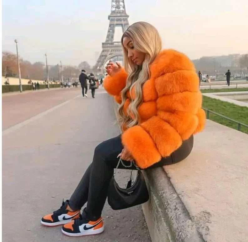 Faux Fox Fur European Style Leather Coat - bright orange