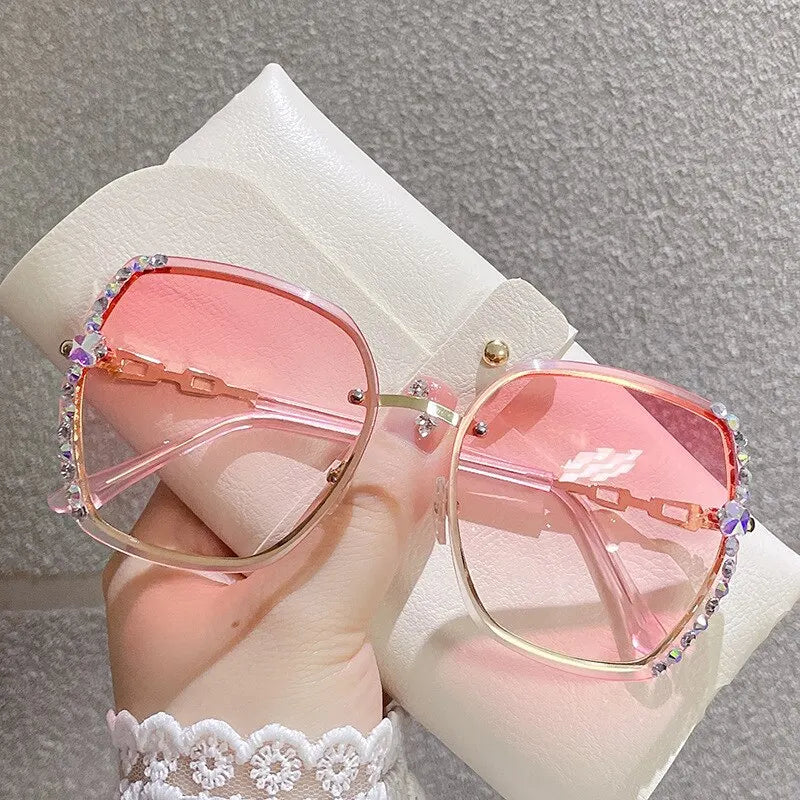 Rhinestone Decor Rimless Fashion Sunglasses UV400