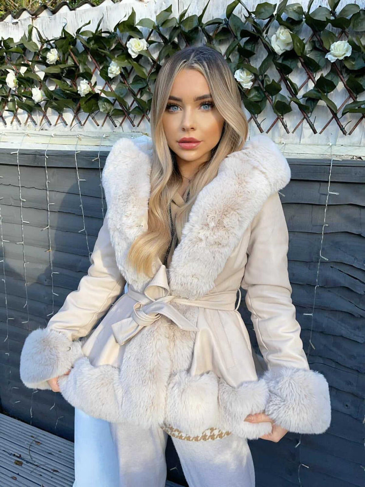 Faux Fur Hooded Coat - cream  (hood down)