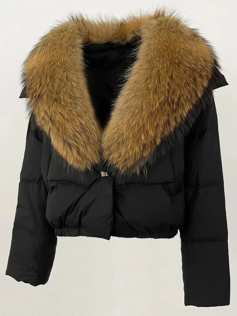 Real Fox Fur Coat - Women's Winter Coat - black with tan