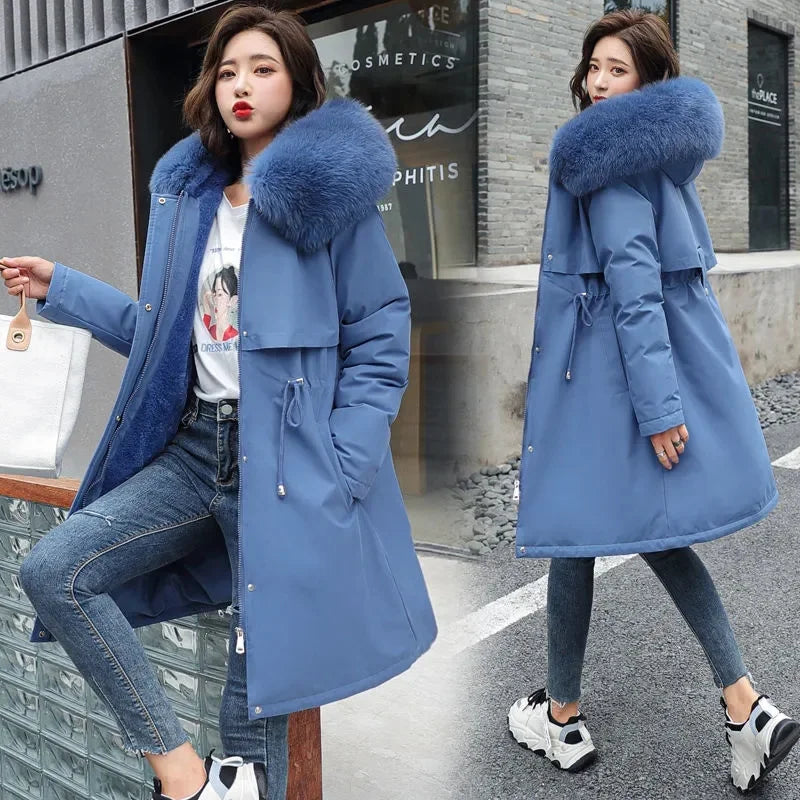 Winter Jacket Parka Wool Liner Fur Collar - light blue 