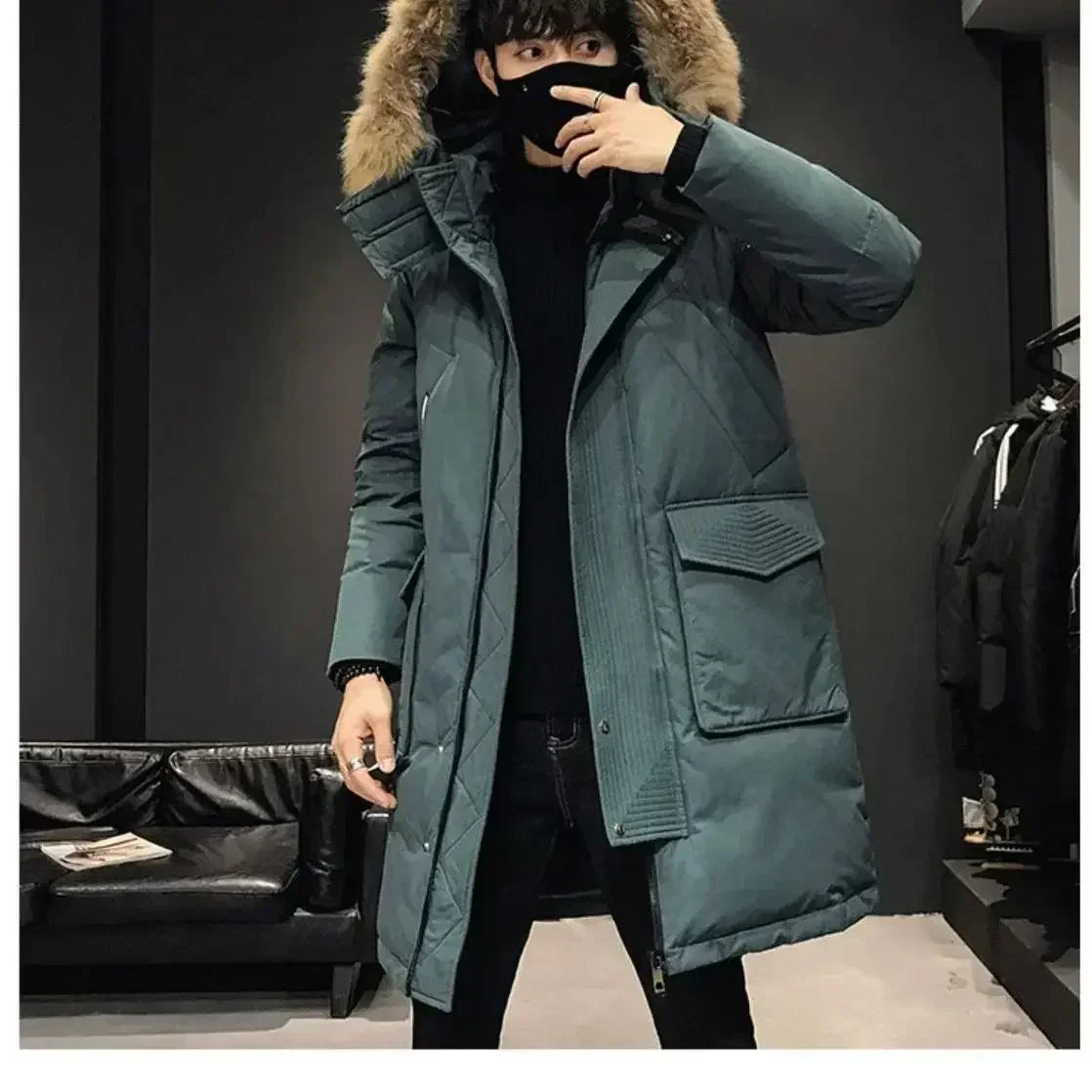 Winter Thickened Warm Cold-proof knee length Jacket - Fur hooded - dark green