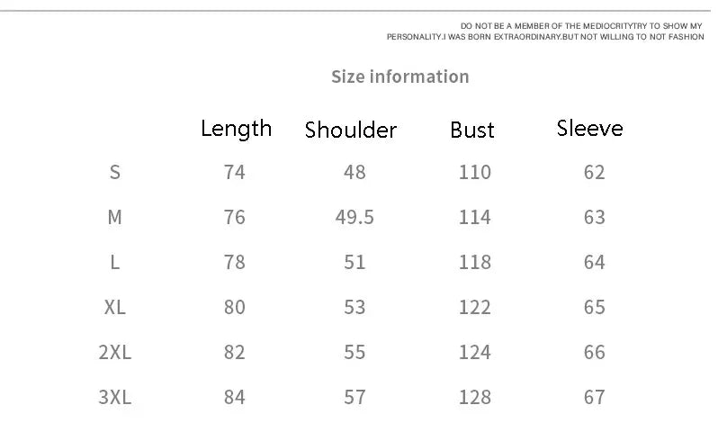 Men's Thermal Down Jacket - size chart