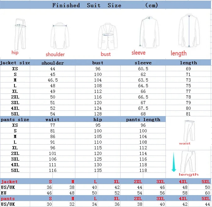 Men's striped suit set - size chart