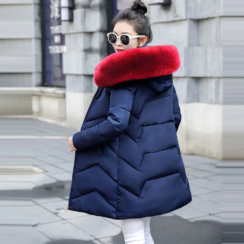 Fur Coat Jacket - dark blue with red fur hood