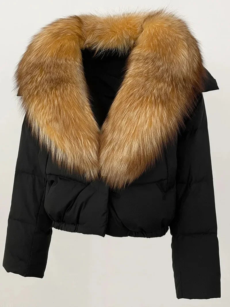 Real Fox Fur Coat - Women's Winter Coat - black with Tan