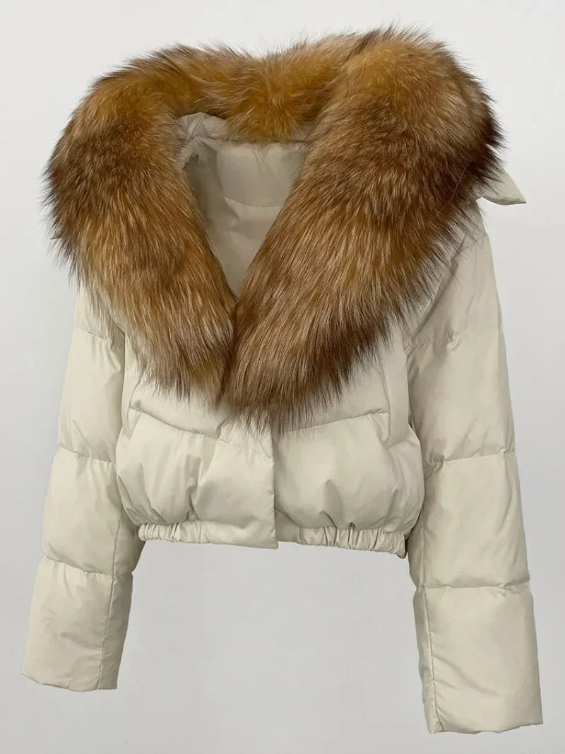 Real Fox Fur Coat - Women's Winter Coat - white with Tan/brown