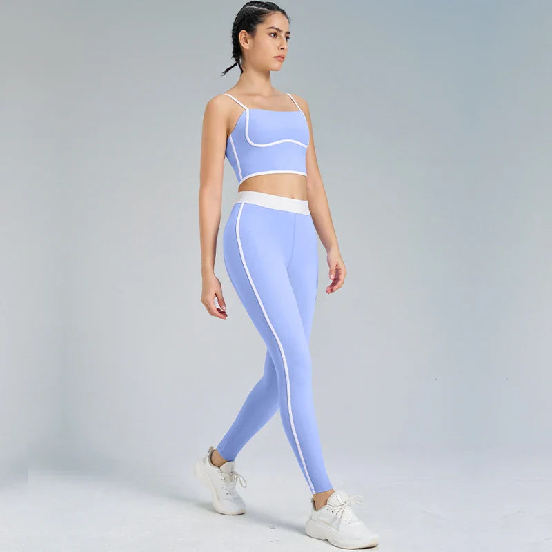 Women 2pcs Patchwork Sport Yoga Suit - powder blue